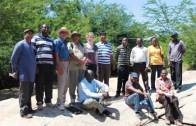 Members of the Jal Bhagirathi Foundation team, and others, on a sand dam learning visit to Africa Sand Dam Foundation with Excellent Development